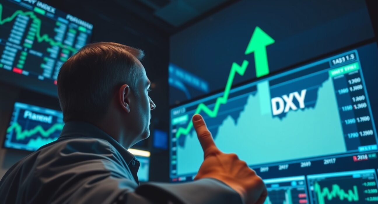 Financial analyst pointing at a rising US Dollar Index chart on a digital screen in a trading floor setting.