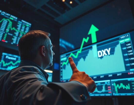 Financial analyst pointing at a rising US Dollar Index chart on a digital screen in a trading floor setting.