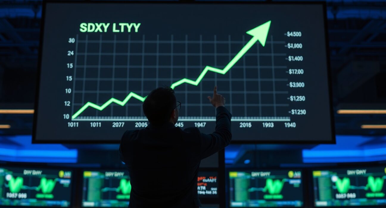Financial analyst pointing to a rising US Dollar Index chart on a digital screen in a trading room.
