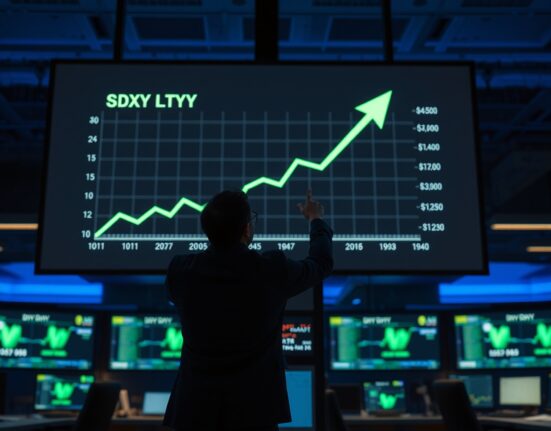 Financial analyst pointing to a rising US Dollar Index chart on a digital screen in a trading room.