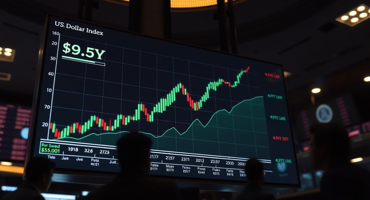 Digital screen showing US Dollar Index chart climbing above 99.00 on a trading floor.