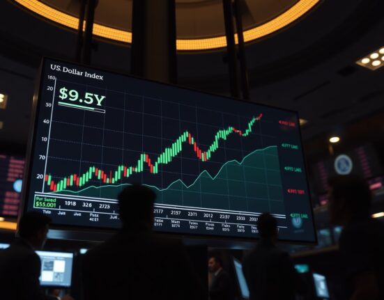 Digital screen showing US Dollar Index chart climbing above 99.00 on a trading floor.