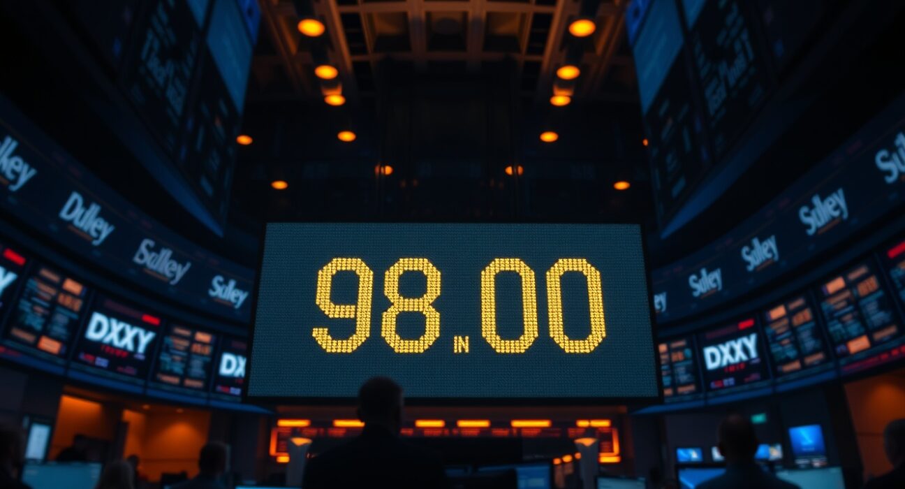 Digital display showing US Dollar Index at 98.00 on a trading floor with traders in background.