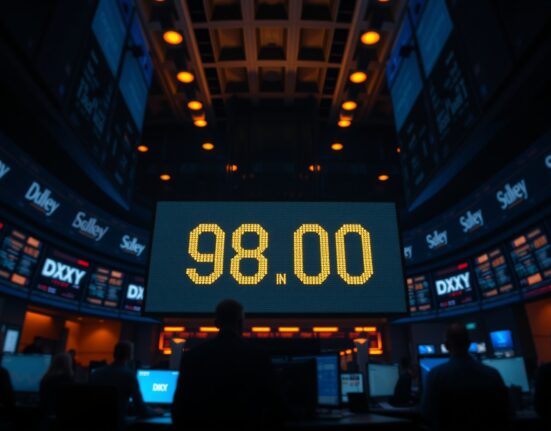 Digital display showing US Dollar Index at 98.00 on a trading floor with traders in background.