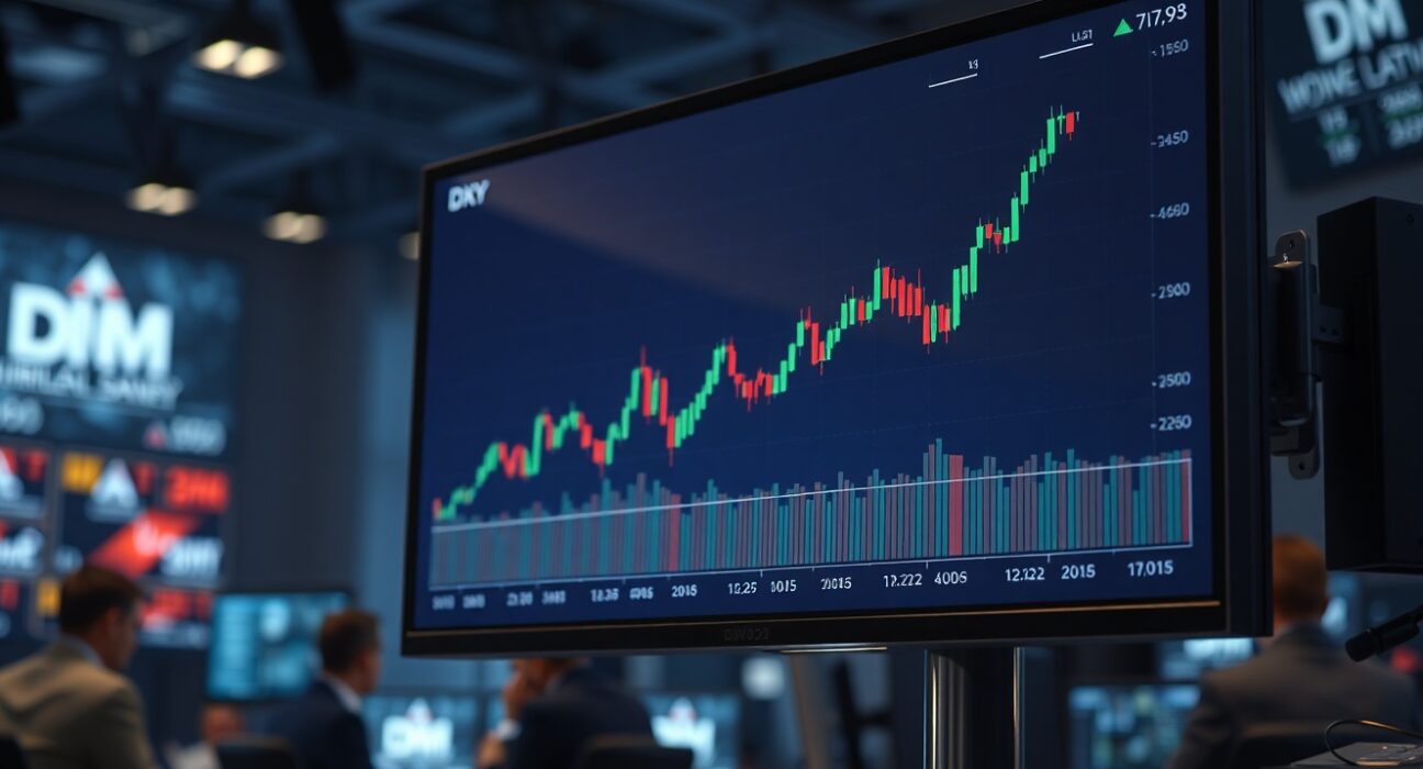 US Dollar Index chart showing an upward trend on a trading floor monitor.