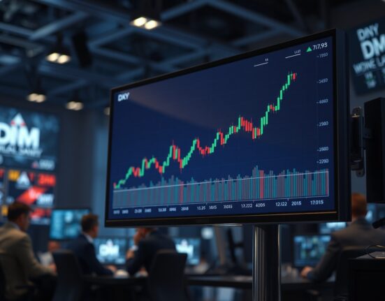 US Dollar Index chart showing an upward trend on a trading floor monitor.