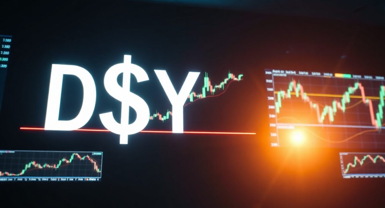 US Dollar Index (DXY) ticker on a trading floor screen with a resistance level marked.
