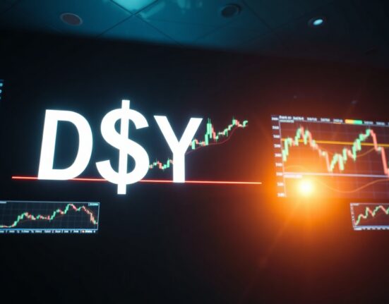 US Dollar Index (DXY) ticker on a trading floor screen with a resistance level marked.