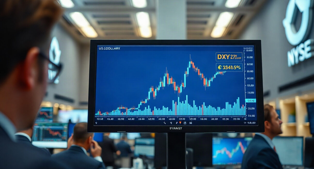 Financial market monitor displaying a sideways US Dollar index chart in a trading room.
