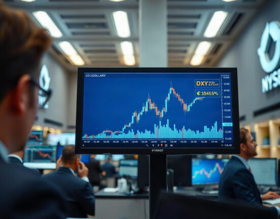 Financial market monitor displaying a sideways US Dollar index chart in a trading room.