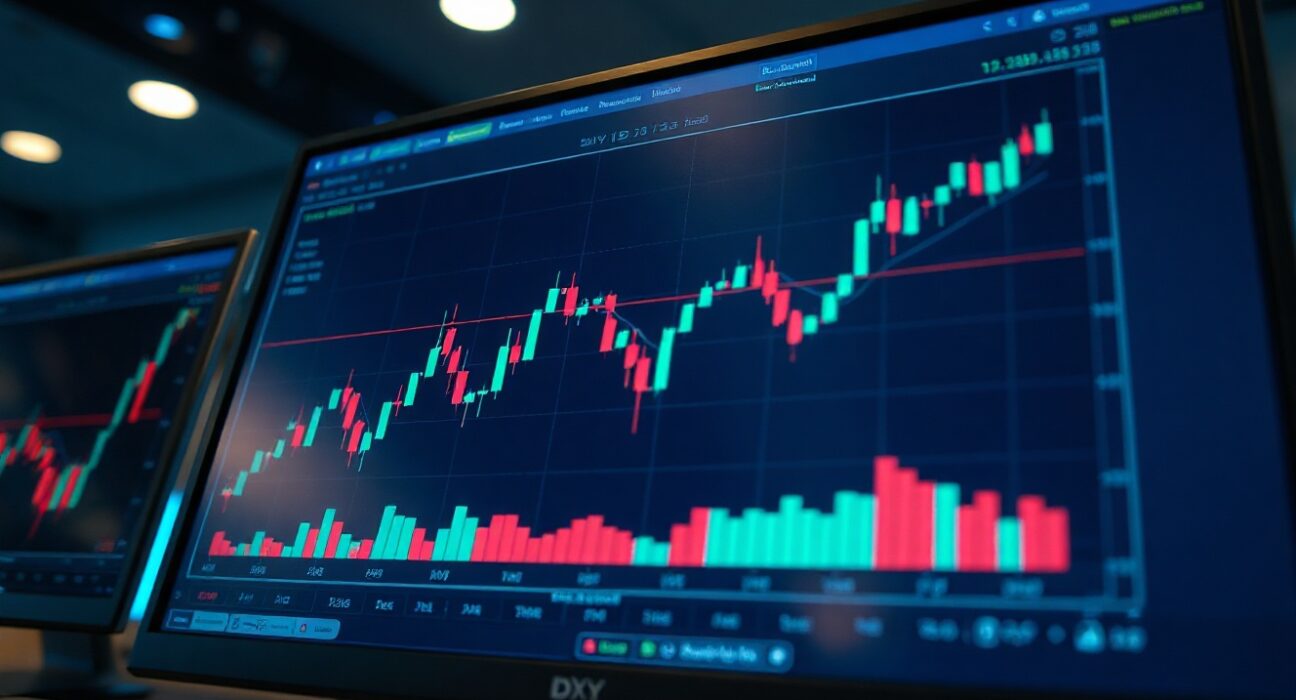 Financial monitor displaying US Dollar Index chart near resistance level in a trading room