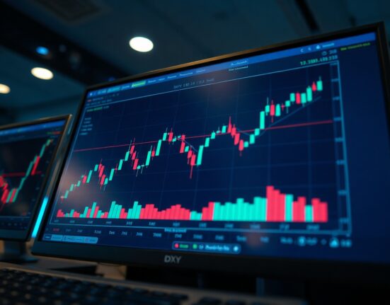 Financial monitor displaying US Dollar Index chart near resistance level in a trading room