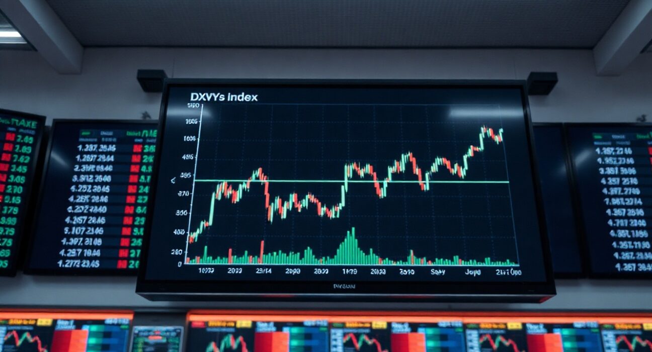US Dollar Index DXY chart showing sideways consolidation on a trading floor display