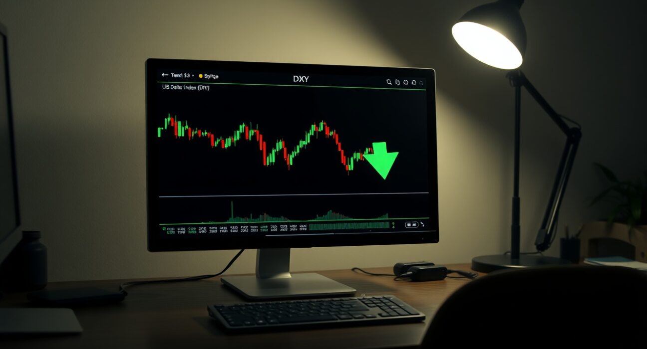 Computer monitor showing US Dollar Index chart with downward trend