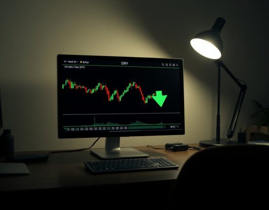 Computer monitor showing US Dollar Index chart with downward trend