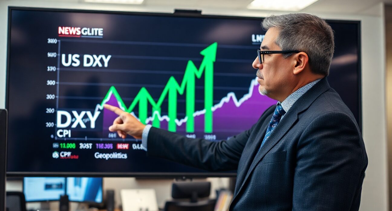 Financial analyst pointing at a screen showing a rising US Dollar Index chart with CPI and geopolitical news.