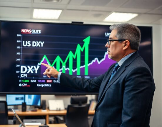 Financial analyst pointing at a screen showing a rising US Dollar Index chart with CPI and geopolitical news.