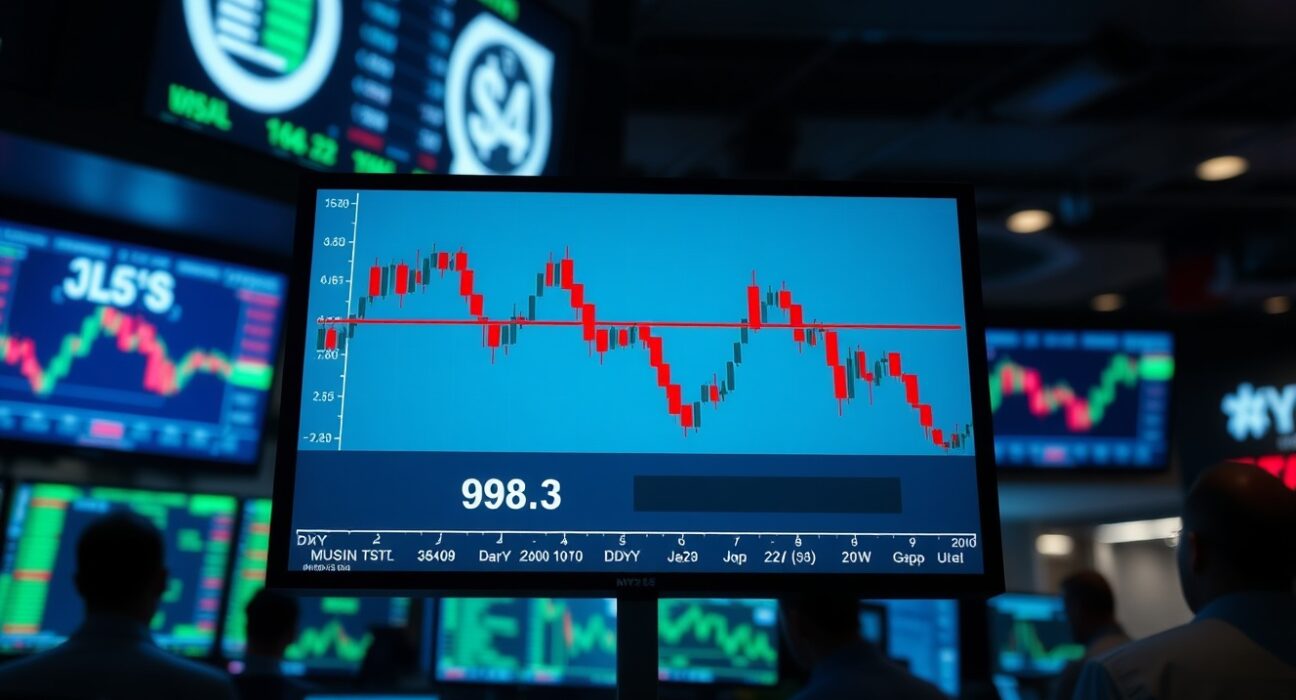 US Dollar Index chart showing a sharp decline below 98.30 on a trading floor monitor.