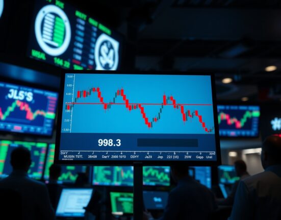 US Dollar Index chart showing a sharp decline below 98.30 on a trading floor monitor.