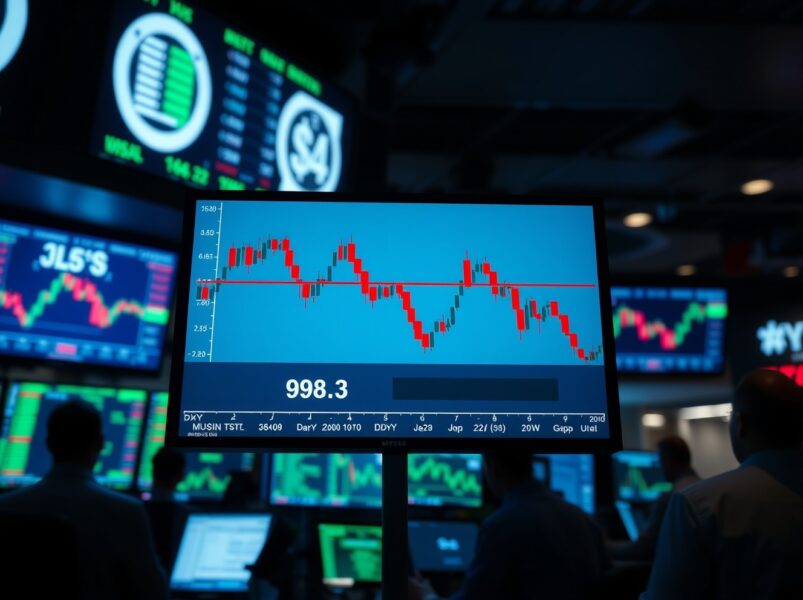 US Dollar Index chart showing a sharp decline below 98.30 on a trading floor monitor.