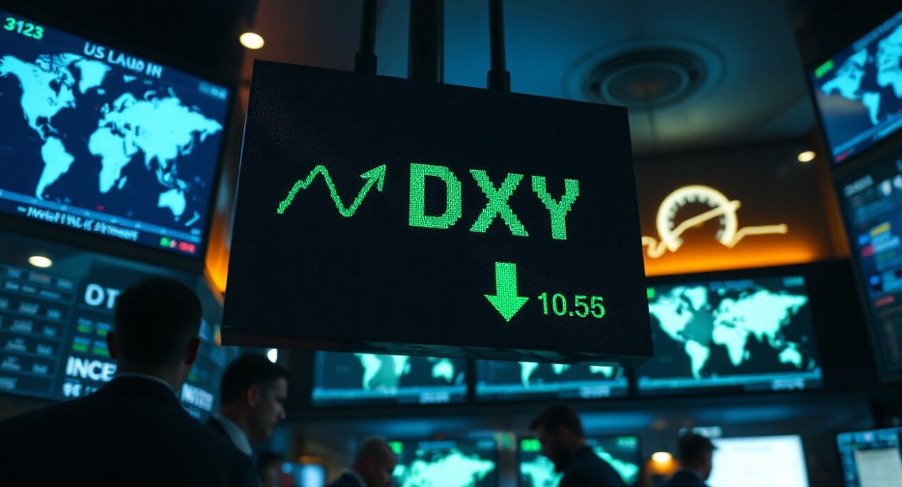 Digital display of the US Dollar Index showing a decline on a trading floor