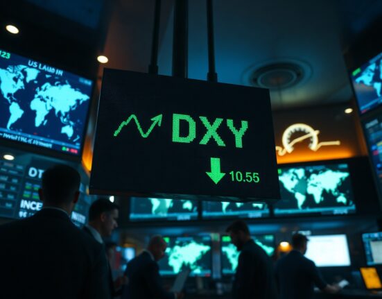 Digital display of the US Dollar Index showing a decline on a trading floor