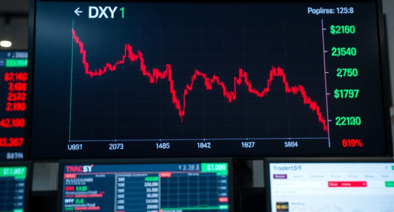 Financial display showing declining US Dollar Index chart with red indicators in a professional trading environment.