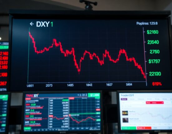 Financial display showing declining US Dollar Index chart with red indicators in a professional trading environment.
