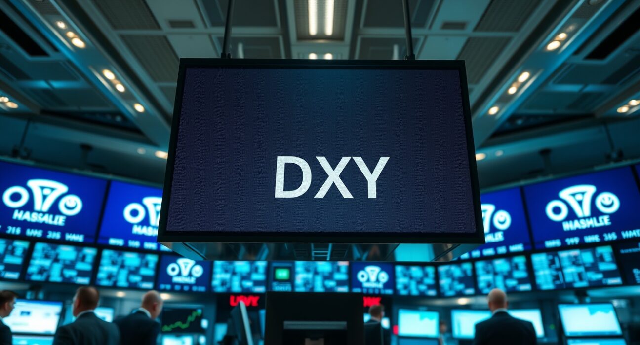 US Dollar Index (DXY) displayed on an electronic trading board showing a decline