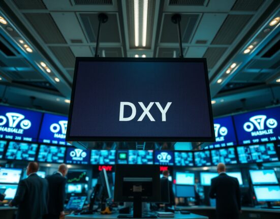 US Dollar Index (DXY) displayed on an electronic trading board showing a decline