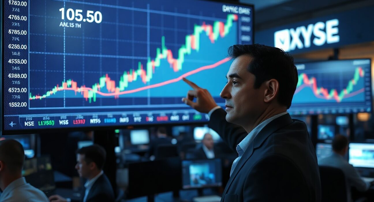 Financial analyst pointing at US Dollar Index chart showing upward trend on trading floor display