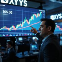 Financial analyst pointing at US Dollar Index chart showing upward trend on trading floor display