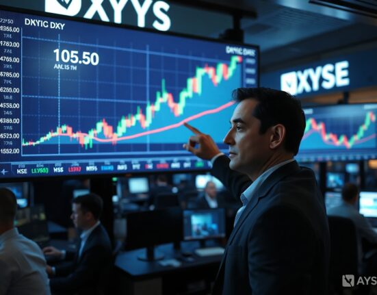 Financial analyst pointing at US Dollar Index chart showing upward trend on trading floor display