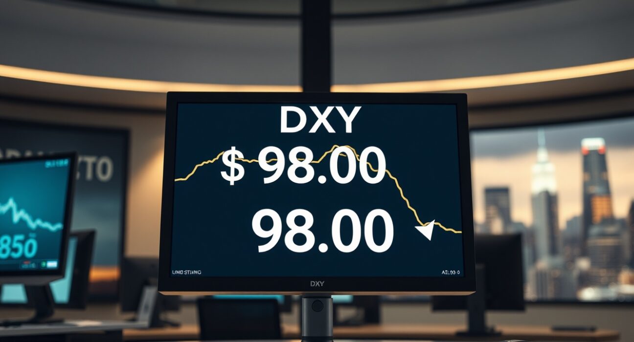 US Dollar Index chart showing decline near 98.00 level on a trading screen