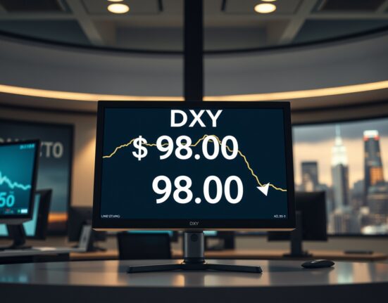 US Dollar Index chart showing decline near 98.00 level on a trading screen