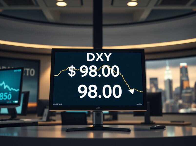 US Dollar Index chart showing decline near 98.00 level on a trading screen