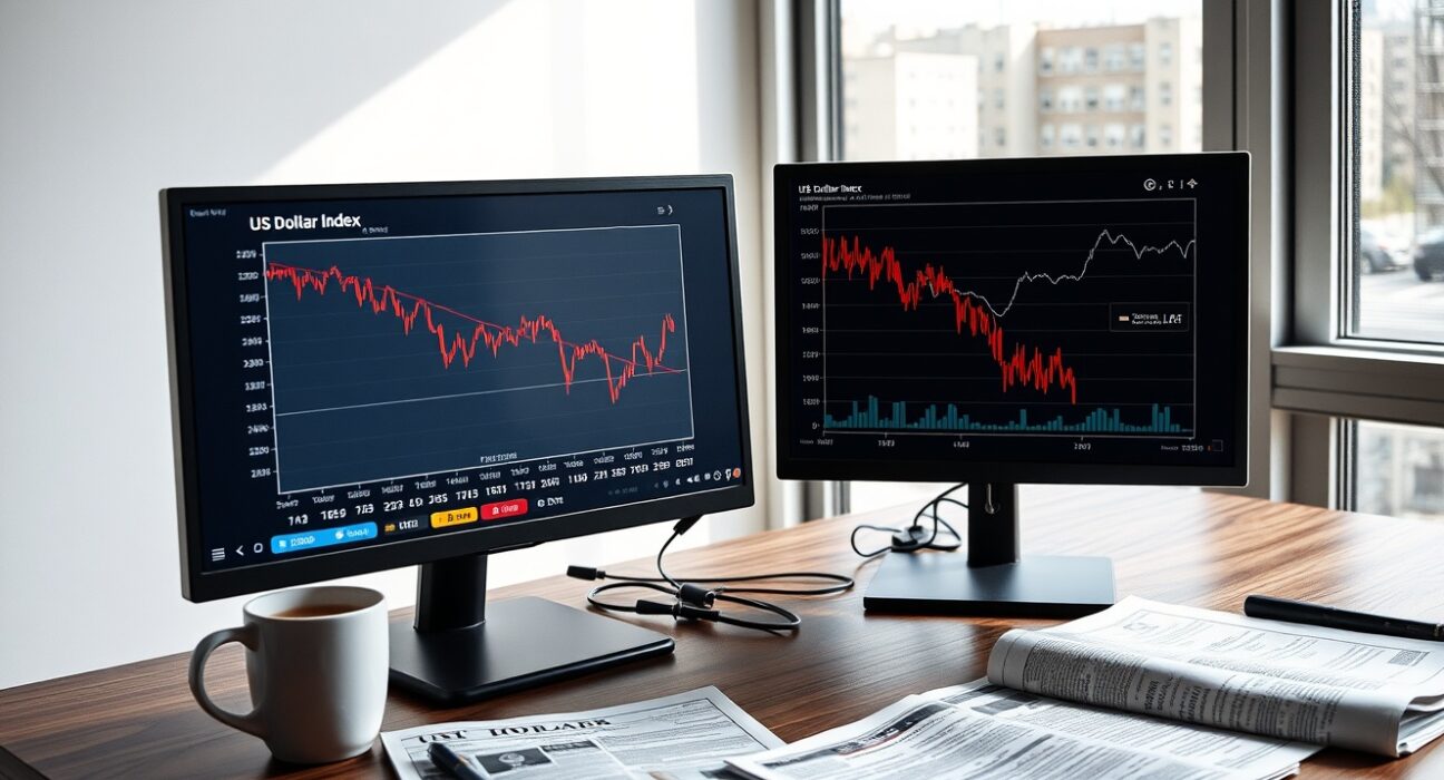 Financial analyst desk with US Dollar Index chart and Treasury yield curves on monitors