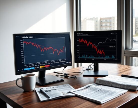 Financial analyst desk with US Dollar Index chart and Treasury yield curves on monitors