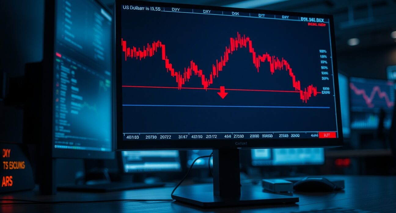 US Dollar Index chart showing downside risks on trading monitor