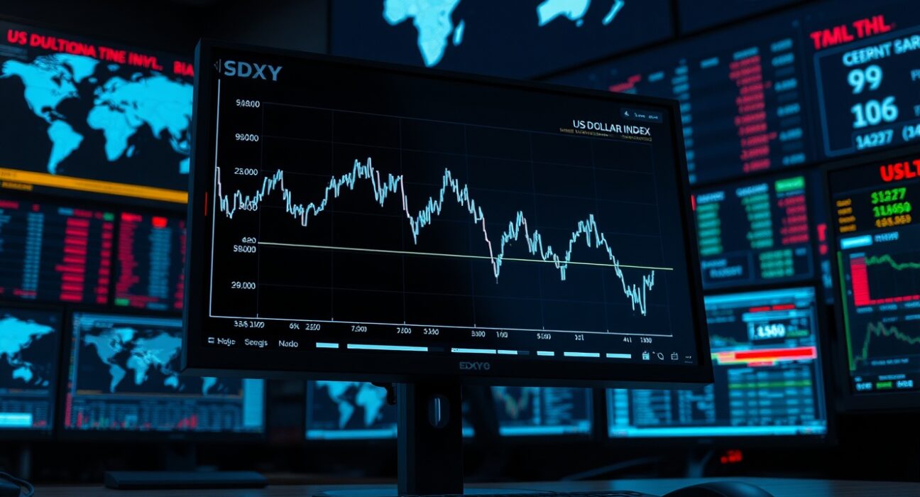 US Dollar Index chart falling below 98.00 on a trading desk monitor amid Middle East de-escalation news.