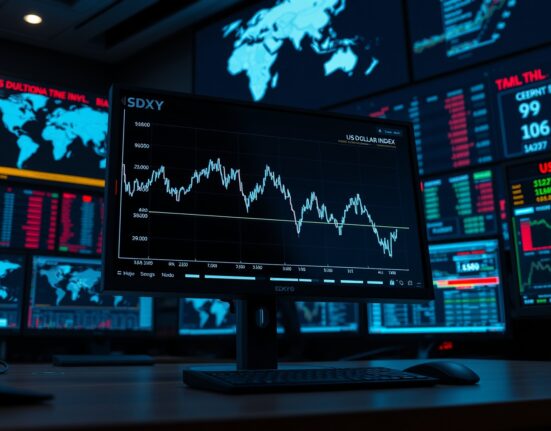 US Dollar Index chart falling below 98.00 on a trading desk monitor amid Middle East de-escalation news.