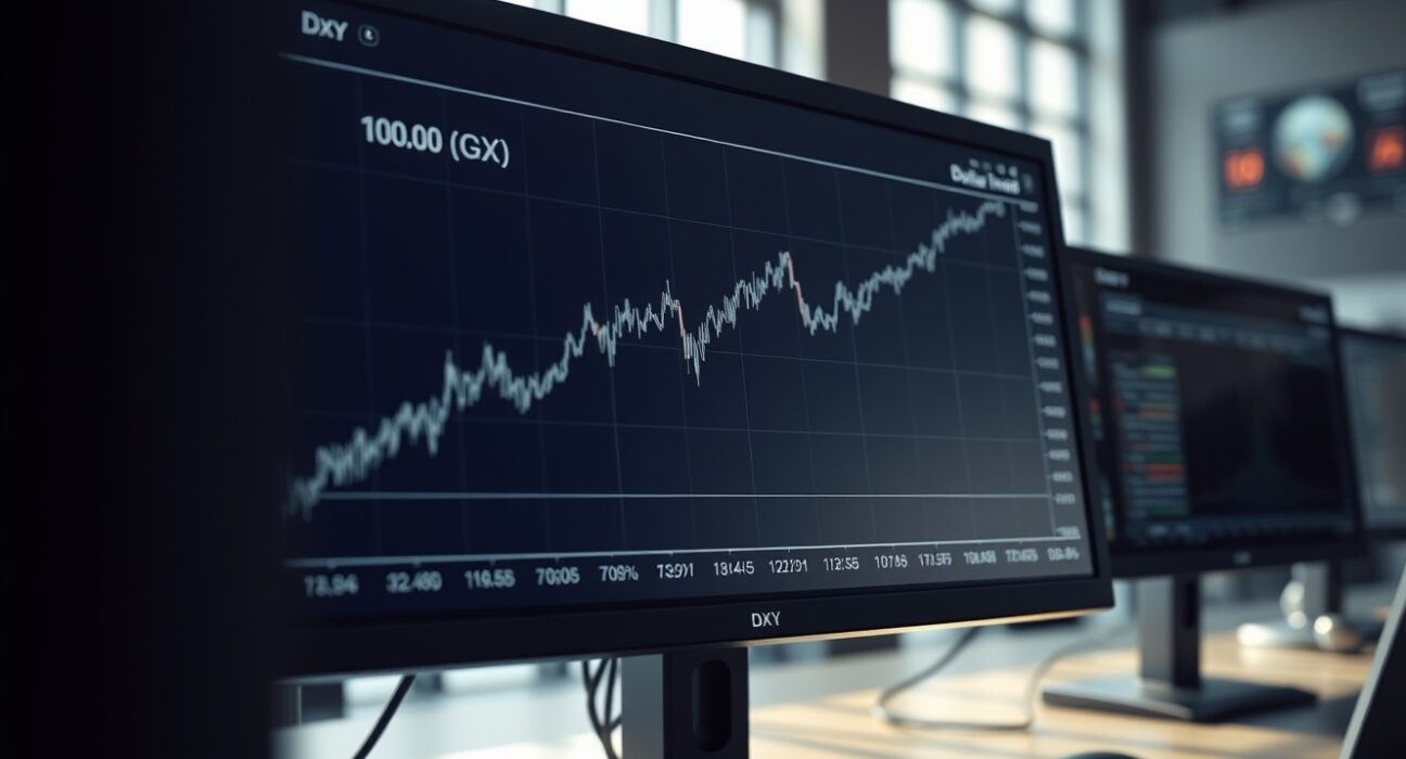US Dollar Index chart breaking above the 100.00 level on a financial trading monitor.