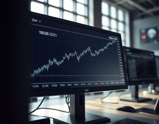 US Dollar Index chart breaking above the 100.00 level on a financial trading monitor.
