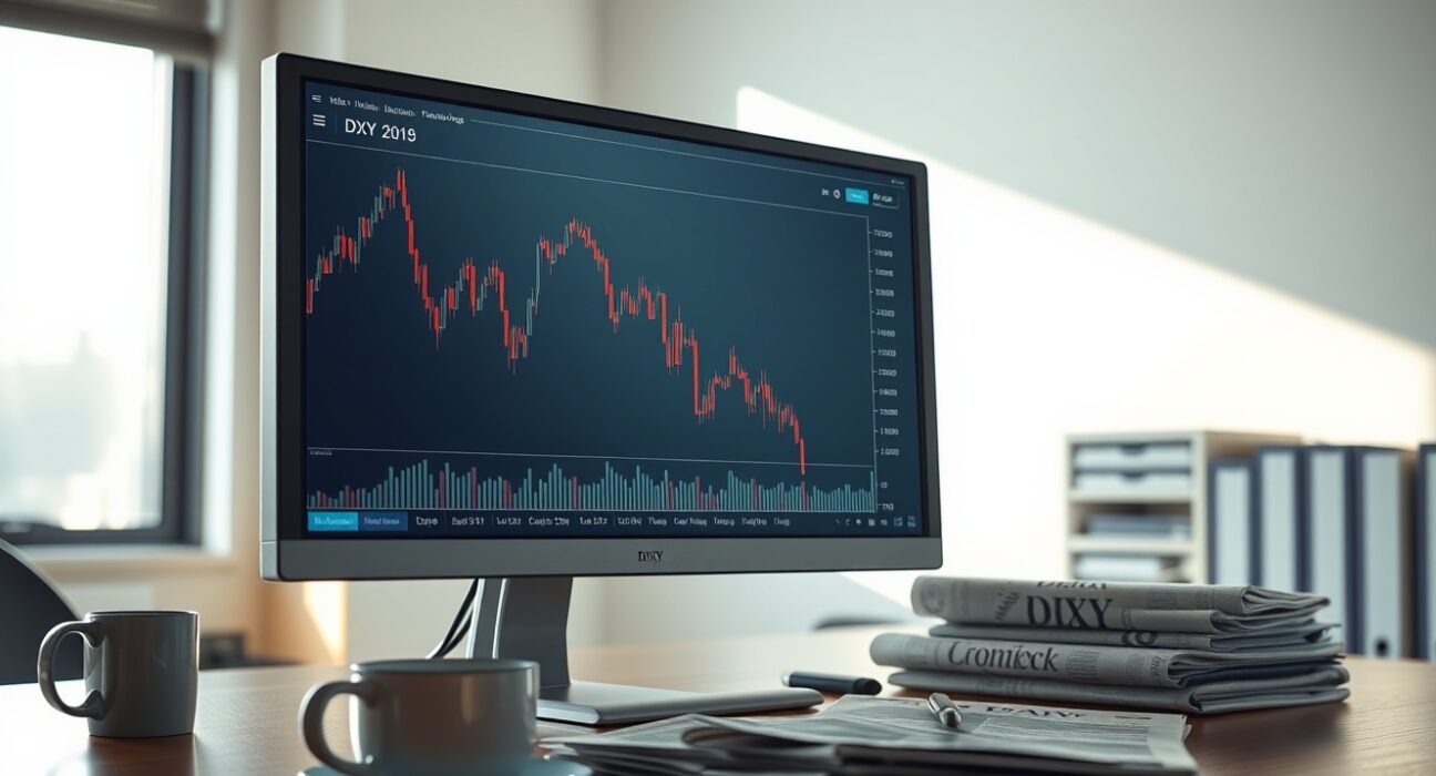 Analyst monitors US Dollar Index chart on computer screen in office