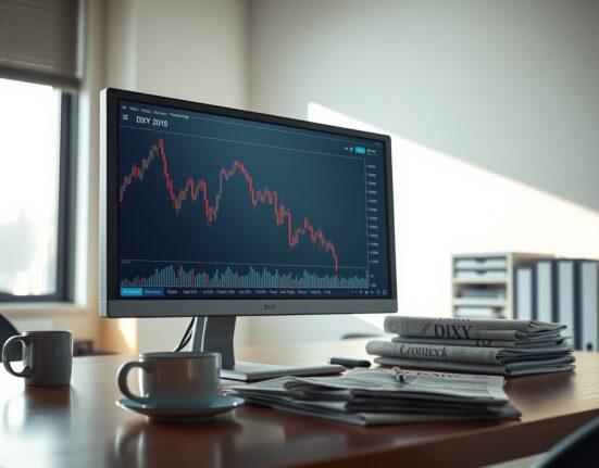Analyst monitors US Dollar Index chart on computer screen in office