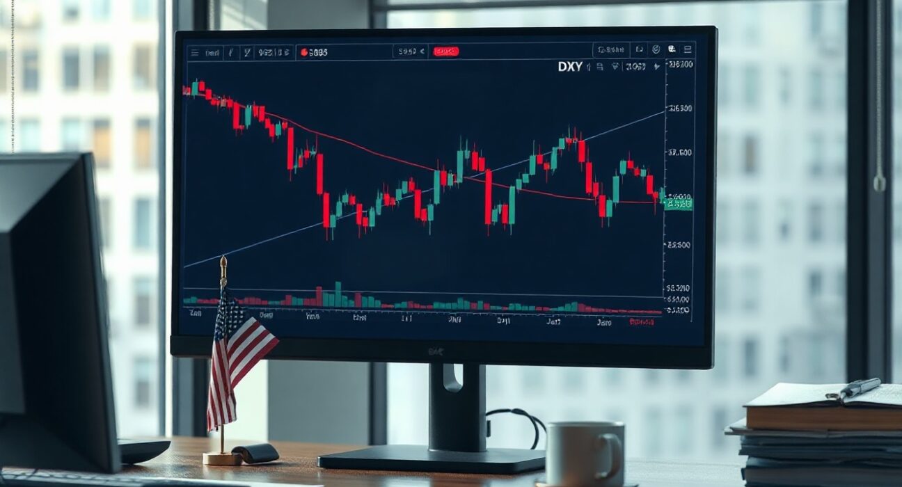 US Dollar Index chart showing decline on a trading monitor in a modern office