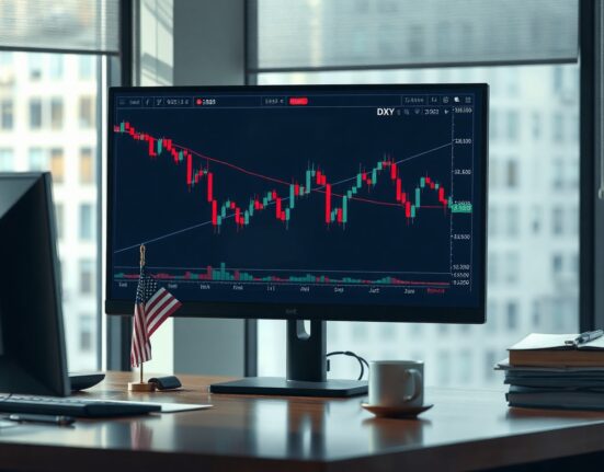 US Dollar Index chart showing decline on a trading monitor in a modern office