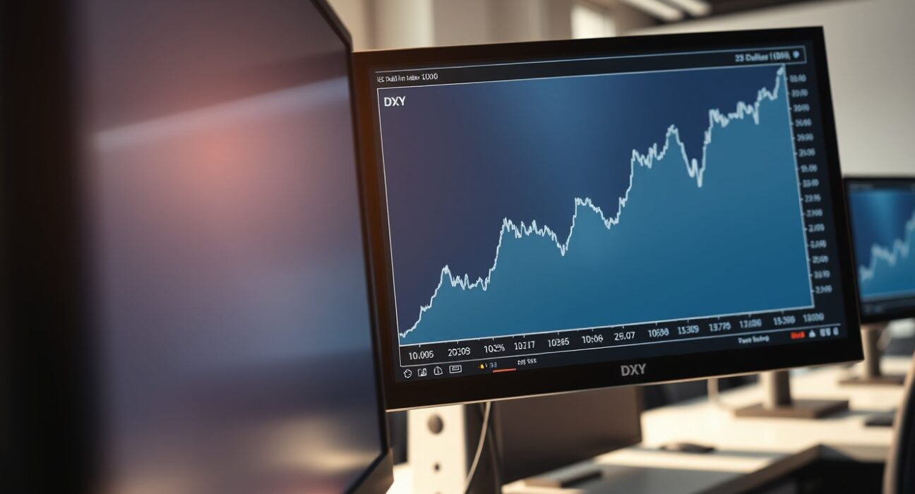 US Dollar Index (DXY) chart showing strong upward movement on a financial trading desk monitor.