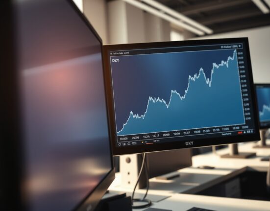 US Dollar Index (DXY) chart showing strong upward movement on a financial trading desk monitor.