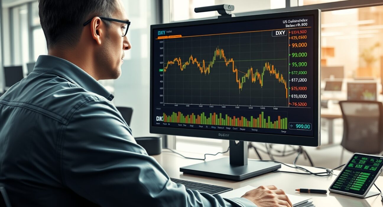 Analysis of the US Dollar Index (DXY) chart showing a decline below the 99.00 level on a financial trading desk.